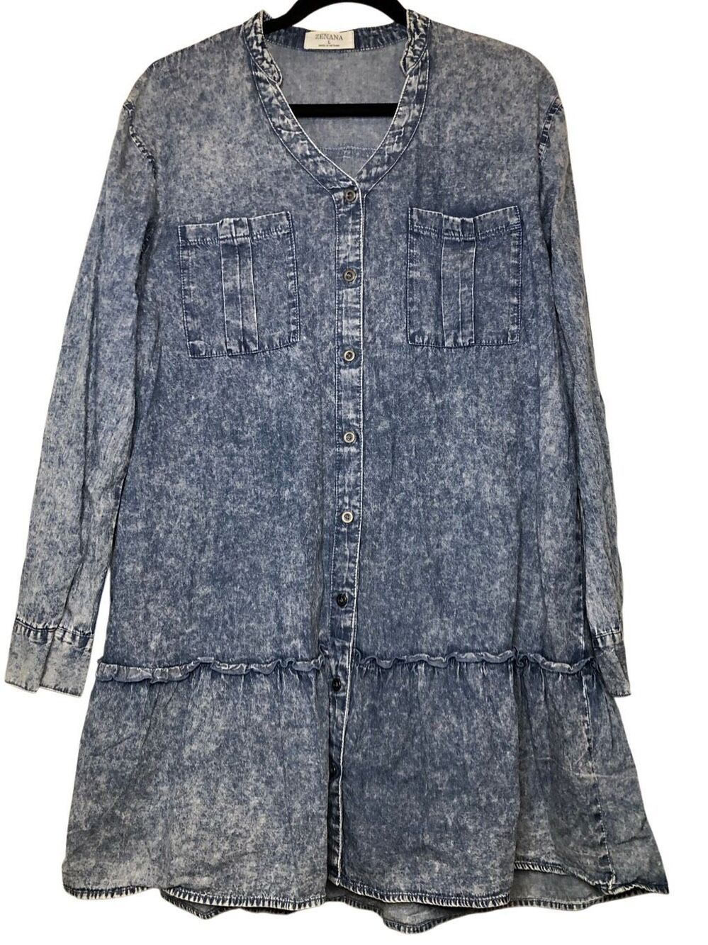 Zenana Acid Wash Denim Shirt A-line Dress L 100% Cotton Button Front Tiered Long - Picture 2 of 8